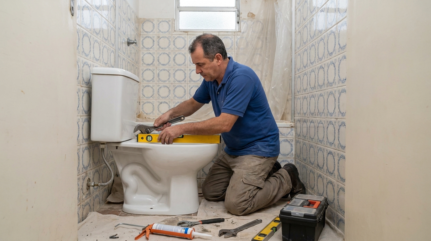 Técnico instalando vaso sanitário em Boa Vista‑RR